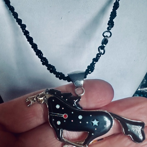 Black Onyx Galaxy Inlay Horse Pendant Necklace on beaded Black Spinel chain NWT - Picture 2 of 5